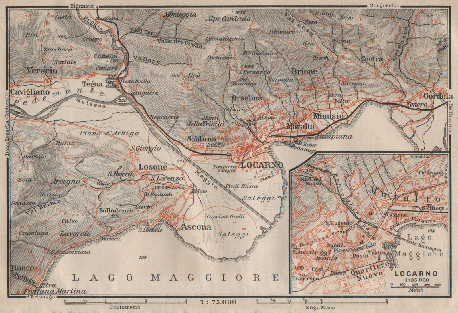 LOCARNO area. Losone Gordola Muralto Brione. Switzerland Suisse Schweiz 1909 map